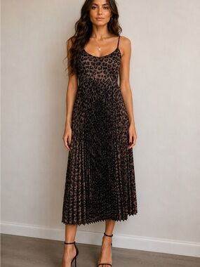AllSaints Leopard Print Pleated Midi Slip Dress Y2K Dark Coquette Small